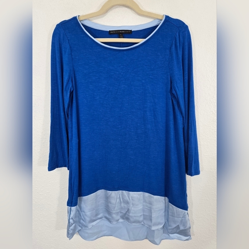 White House Black Market Woven Hem 3/4 Sleeve Royal Blue/Lgt. Blue Tunic, Small